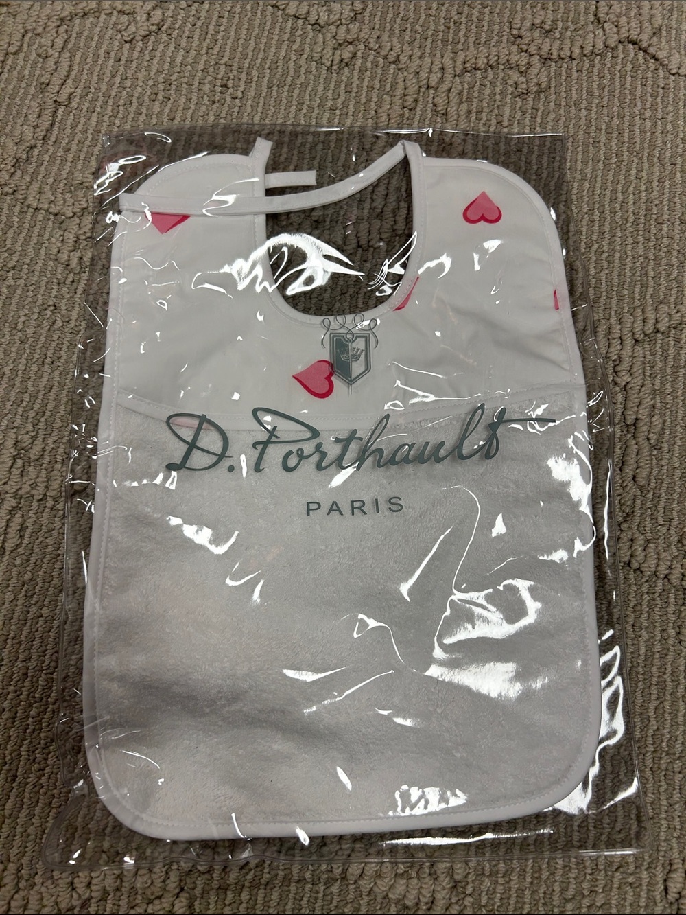 D. Porthault Paris White Baby Bib with Pink Heart Motif for gifting